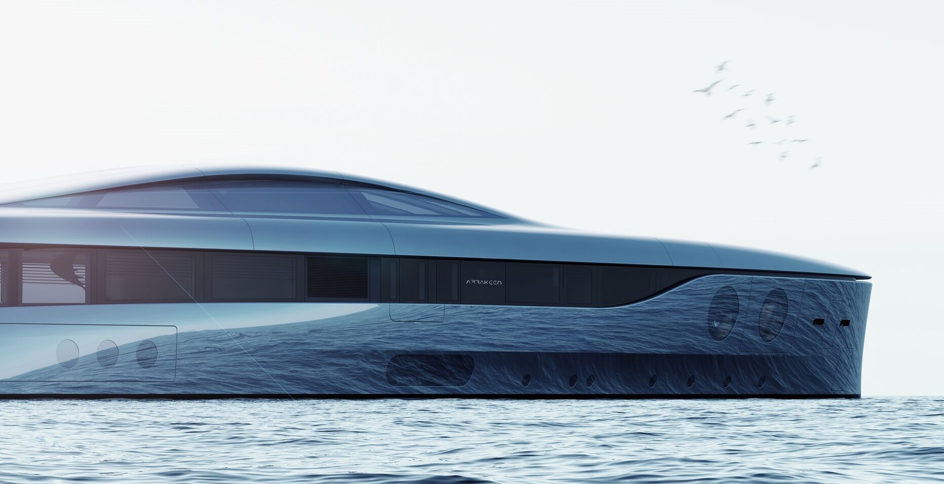 arrakeen is a retrofuturistic superyacht concept with gullwing doors and large portholes 2