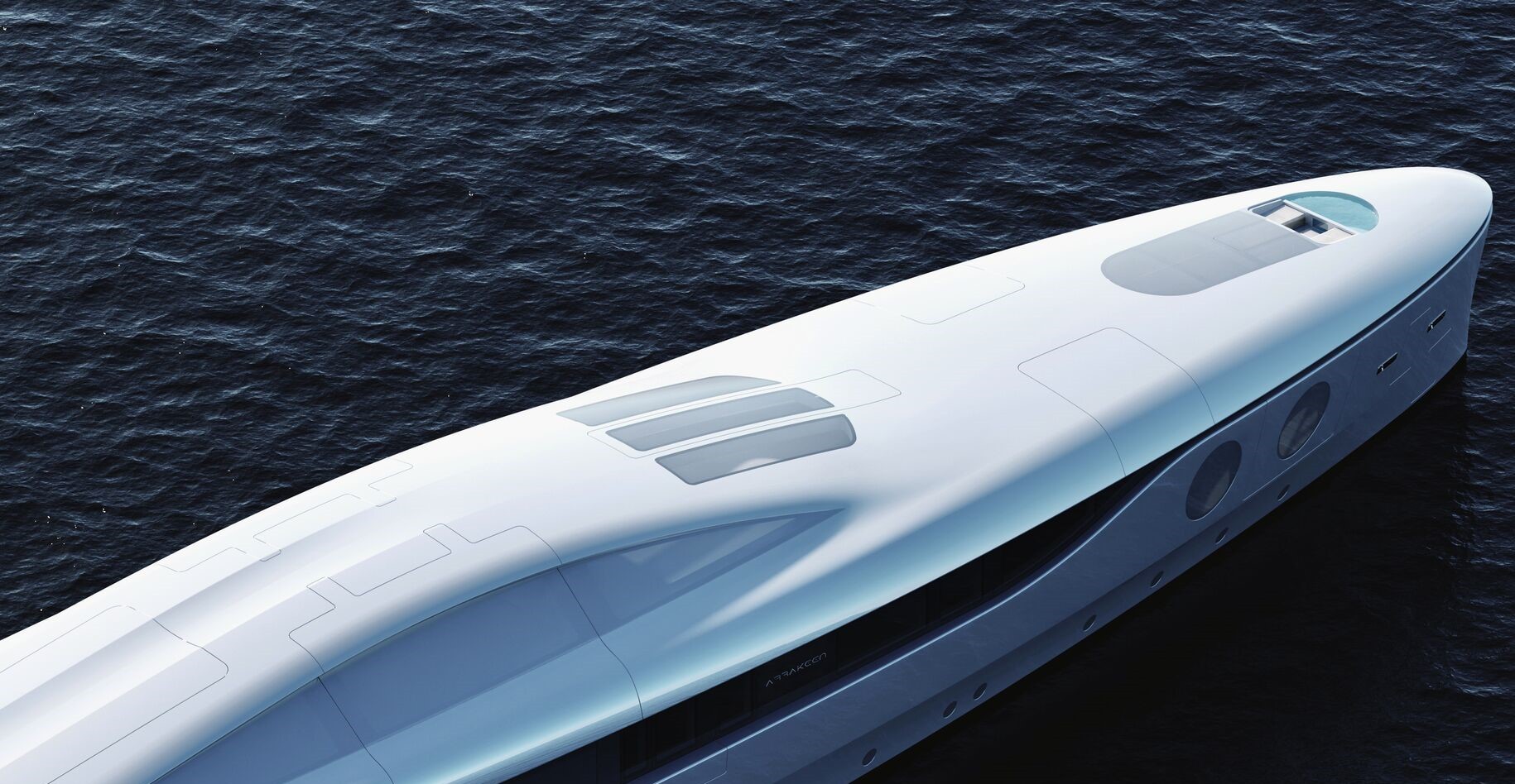 arrakeen is a retrofuturistic superyacht concept with gullwing doors and large portholes 3