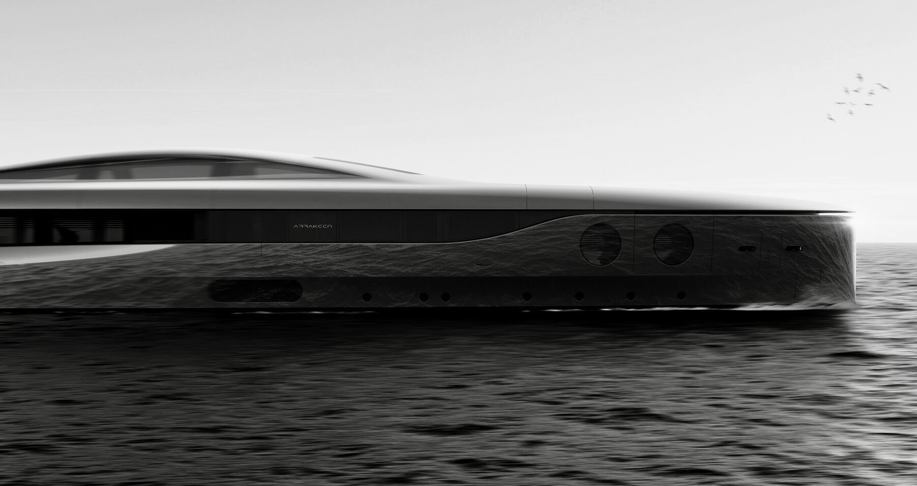 arrakeen is a retrofuturistic superyacht concept with gullwing doors and large portholes 4