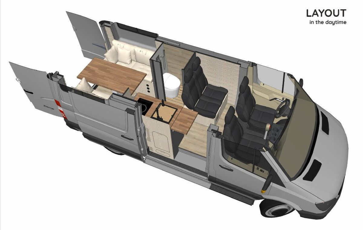 this luxurious big bear vans camper conversion has an elevator bed and rooftop decking 17