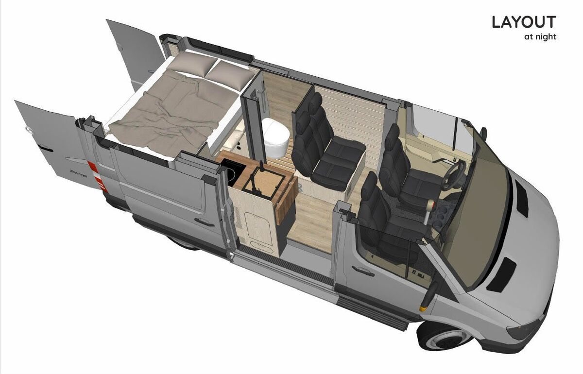 this luxurious big bear vans camper conversion has an elevator bed and rooftop decking 18